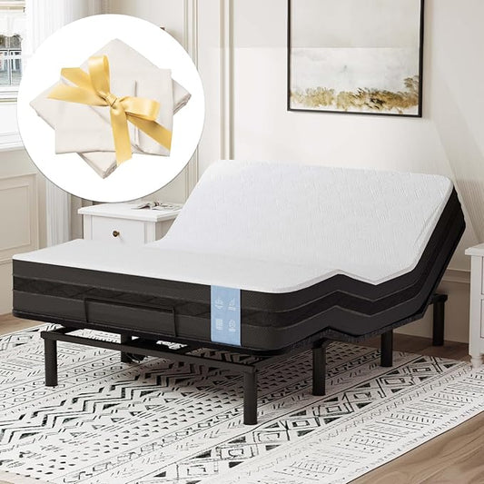 FLEXISPOT S2E Adjustable Bed Frame Base Queen with 10-Inch Cooling Gel Memory Foam Mattress, Whisper Quiet Durable Motor, Adjustable Legs, Easy Assembly – Bonus 4-Piece Queen Sheet Set Included