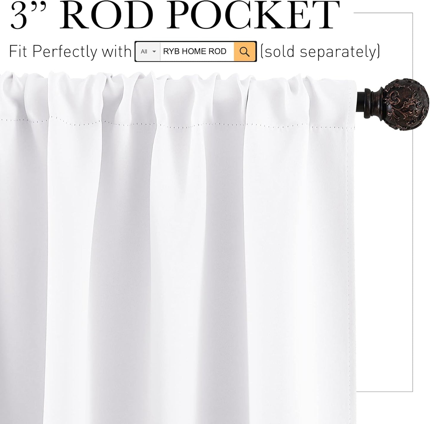 RYB HOME Window Curtains for Kitchen - Room Darkening Privacy Thermal Insulated Drapes for Bedroom Bathroom Basement, Wide 52 x Long 36, Pure White, Set of 2