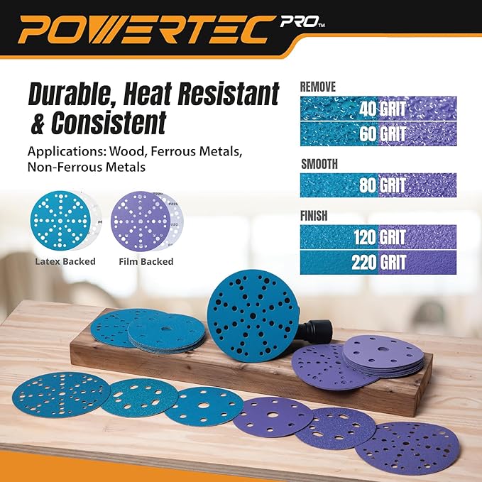 POWERTEC PRO 50PK, 6 Inch 49 Holes Sanding Disc, 120 Grit, Zirconia Hook and Loop Film Backing Sandpaper for Festool Random Orbital Sanders - Automotive, Paint, Metal, Woodworking (46112Z-50)