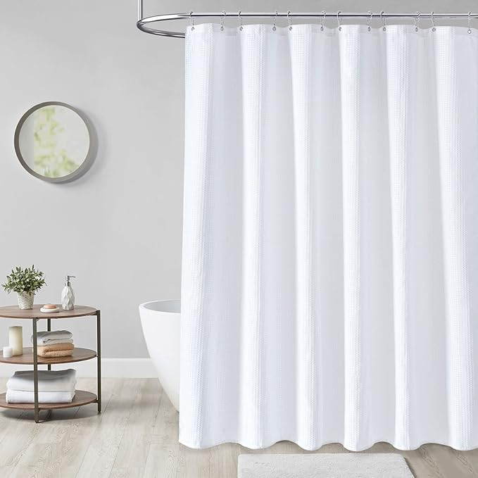 Dynamene Stall Fabric Shower Curtain - 54x78 inch Long Waffle Weave Weighted Thick Cloth Shower Curtains for Bathroom,Neutral Heavy Duty Hotel Spa Luxury Bath Curtain Set with 10 Plastic Hooks, White