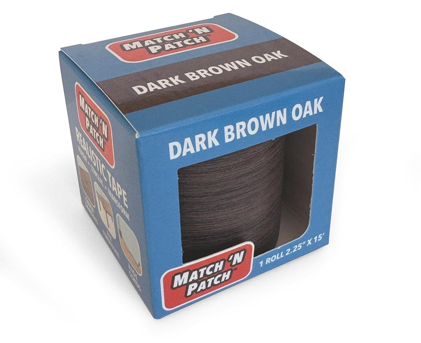 MATCH 'N PATCH Realistic Wood Grain Repair Tape - Durable Multi-Use Adhesive Tape for Furniture, Floors, Cabinets, Windows, Doors, RV, Home Decor & DIY Projects - Dark Brown Oak, 2.25 inch x 15 feet