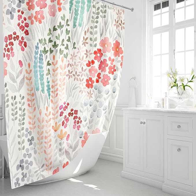 Extra Long Shower Curtain 72 x 96 Inch, Floor to Ceiling X-Long Tall Cute Floral Shower Curtain for Bathroom, Retro Red Teal Wildflower Boho Cottagecore Fabric Shower Curtain Set with Hooks