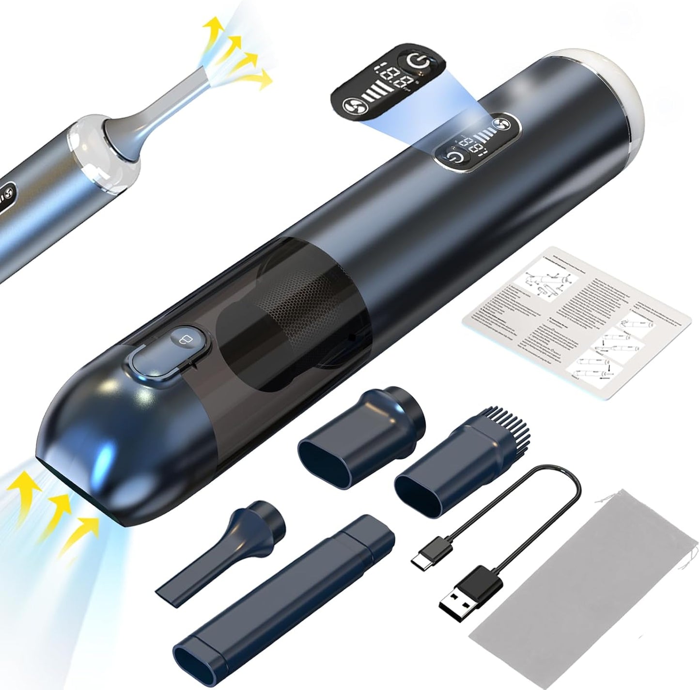 TEZILON Car Vacuum Cleaner 18000Pa Powerful Suction HEPA Filter, Portable Cordless Handheld Vacuum Vehicle Home with LED Display Air Duster Rechargeable Lightweight Multi-Nozzles for Pet Hair Keyboard