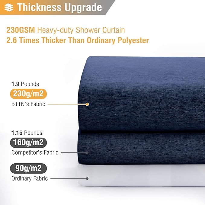 BTTN Navy Blue Shower Curtain - Linen Textured Heavy Duty Waterproof Cloth Shower Curtain Set with 12 Plastic Hooks, Hotel Spa Luxury Simple Decorative Thick Fabric Shower Curtain for Bathroom, 72x72