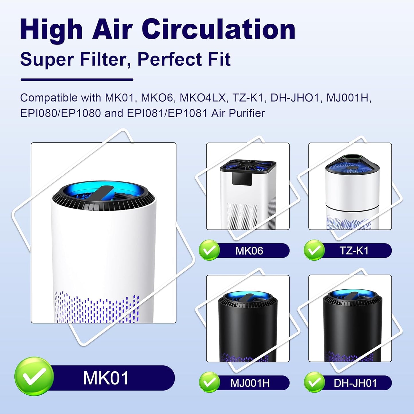 MK01 & MK06 True HEPA Filter Replacement Compatible with Aroeve MK01, MK06, ToLife TZ-K1 and Kloudi DH-JH01 Air Purifier, Pet Dander Version, Green, 4 Pack