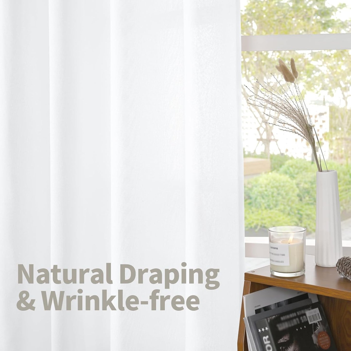 YoungsTex 63 Inch Length White Linen Curtains 2 Panels for Living Room, Light Filtering Drapes Semi Sheer with Rod Pocket Back Tab Lightweight for Bedroom, 52 X 63 Inch