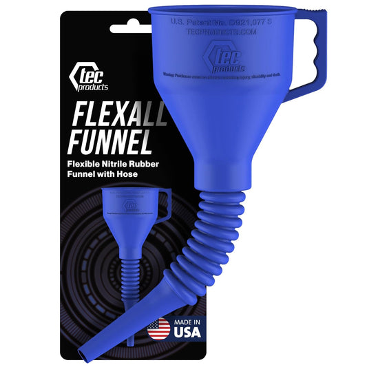 TEC Products FlexAll Long Flexible Funnel for Automotive Use - Durable Nitrile Rubber - Ideal for Car Oil Change, Transmission Funnel Fluid, Diesel, Fuel, Gas - Made in USA - Blue (16 x 5 Inches)