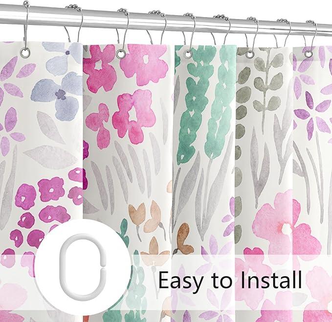 Extra Long Shower Curtain 72 x 96 Inch, Floor to Ceiling X-Long Tall Cute Floral Shower Curtain for Bathroom, Hot Pink Wildflower Boho Cottagecore Fabric Shower Curtain Set with Hooks