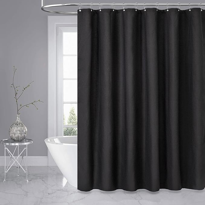 Dynamene Extra Wide Shower Curtain - 84 Inch Wide Waffle Weave Weighted Thick Cloth Bathroom Shower Curtain, Neutral Heavy Duty Hotel Bath Curtain Set with 14 Plastic Hooks, 84x72, Black