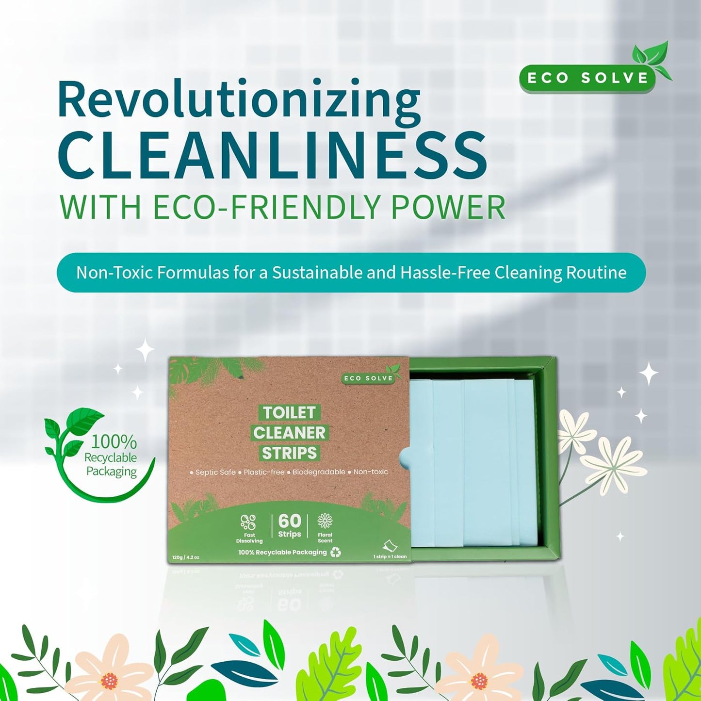 Natural Toilet Bowl Cleaner Strips, Eco-friendly, Non-toxic, Septic Safe, Removes Odors & Stains, Plastic-free, Natural Toilet Bowl Cleaner for Quick and Easy Cleaning, Toilet Fresheners (60 count)
