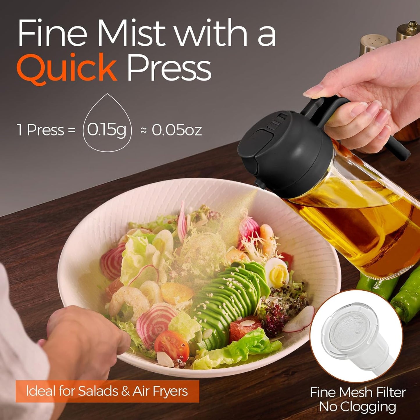 YARRAMATE 2Pcs 16oz/470ml Olive Oil Dispenser, Food-grade 2 in 1 Oil Glass Sprayer for Cooking, Kitchen, Air Fryer, Salad, Frying, BBQ (Black)