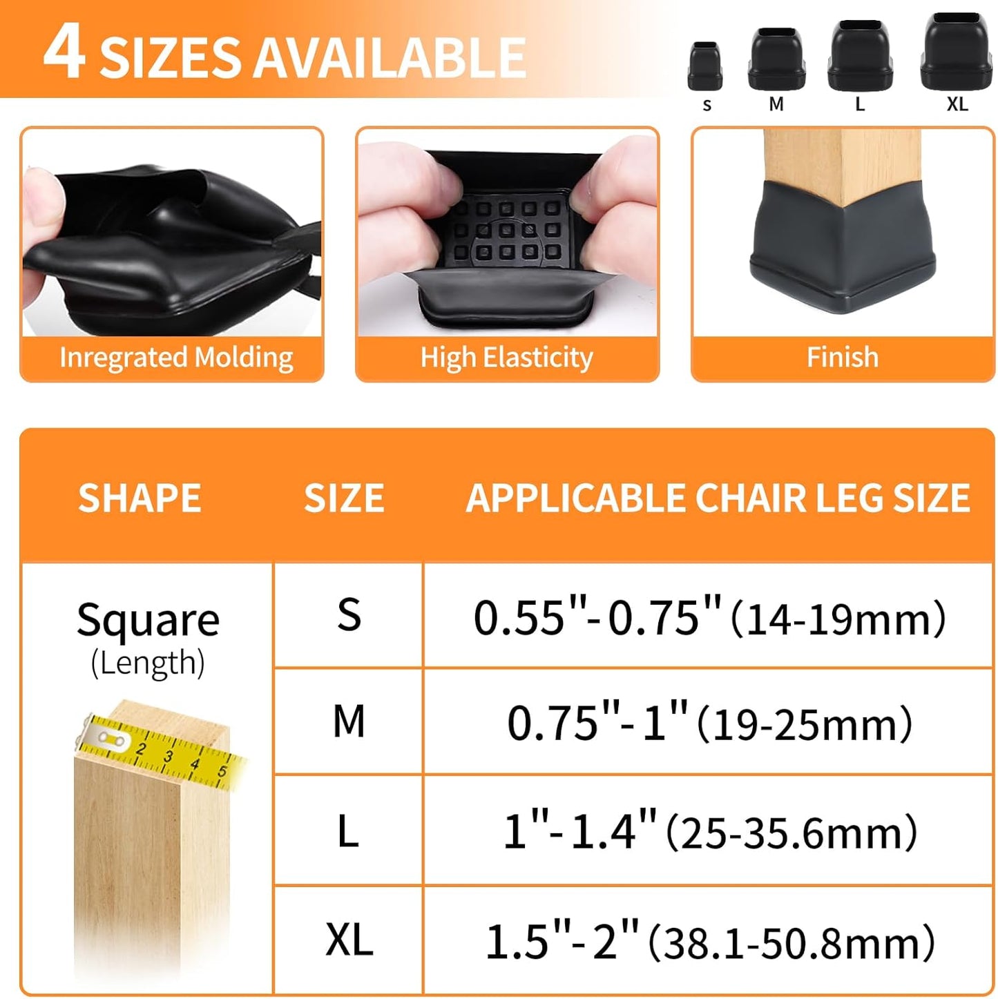 Ezprotekt 24 Pcs Black Chair Leg Sliders for Carpet, Square Chair Glides for Rug, Teflon Furniture Pads Leg Protectors Caps - for Dining Table, Bar Stool, End Table Legs (L Fit:1" - 1.4")