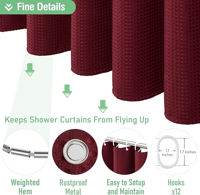 Dynamene Extra Long Shower Curtain - 96 Inch Long Waffle Weave Weighted Thick Cloth Bathroom Shower Curtain, Neutral Heavy Duty Hotel Bath Curtain Set with 12 Plastic Hooks,72x96, Burgundy