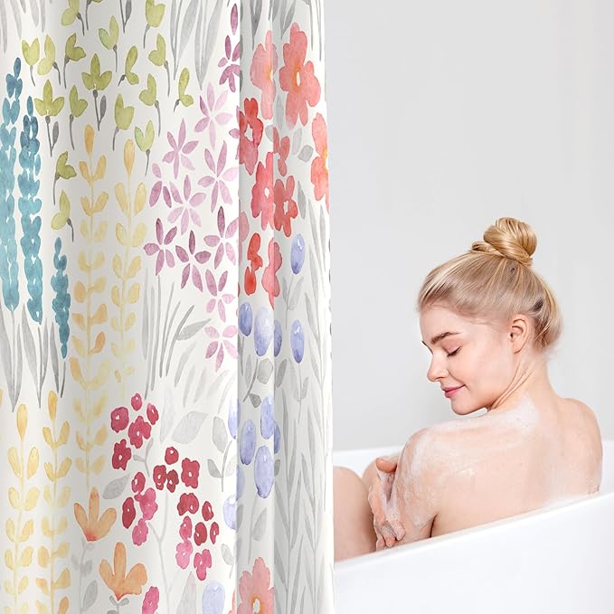 Extra Long Shower Curtain 72 x 84 Inch, Tall Cute Floral Shower Curtain for Bathroom, Colorful Wildflower Boho Cottagecore Fabric Shower Curtain Set with Hooks, Ivory