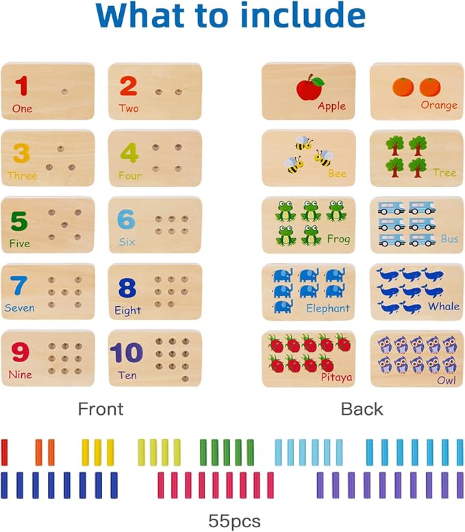 TOOKYLAND Peg Board Toddler Toys, Counting Wooden Toys with 55 Pegs, Wooden Math Manipulatives,Montessori Math and Numbers for Kids & Kindergarten Learning Activities
