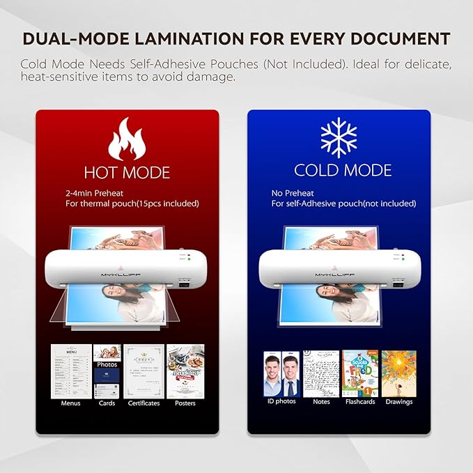 Laminator Machine 9-Inch Portable Thermal Laminater with Hot & Cold Modes, A4 Small Laminating Machine with ABS Jam-Release, 3-Min Warm-Up, 6-in-1 Photo Laminator Kit for Home and Class, White