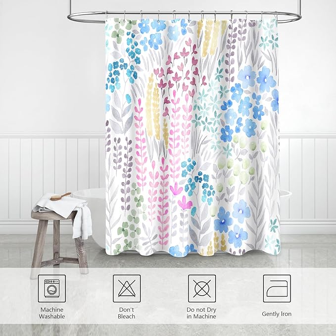 Blue Floral Shower Curtain 60x72, Pink Yellow Boho Flower Fabric Shower Curtain, Cute Funky Watercolor Wildflower Shower Curtain Set, Cottagecore Bohemian Bathroom Decor