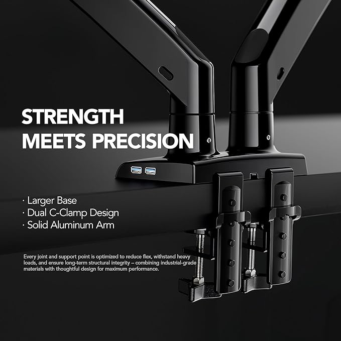 HUANUO Dual Monitor Stand for 13″–40″, Premium Dual Monitor Mount with USB, Height Adjustable Monitor Stand for 2 Monitors, VESA Mount with Clamp/Grommet Base, Holds 26.4lbs per Arm, HNDS7
