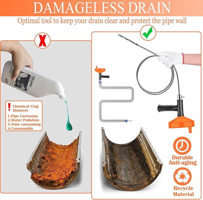 Drain Snake Auger, Plumbing Snake Drain Hair Clog Removal Tool, Heavy Duty Toilet Snake Auger, Sink Unclogger Drain Cleaner Tool for Bathroom Kitchen Tub Shower Drain Clog Remover with Gloves（33 Feet）