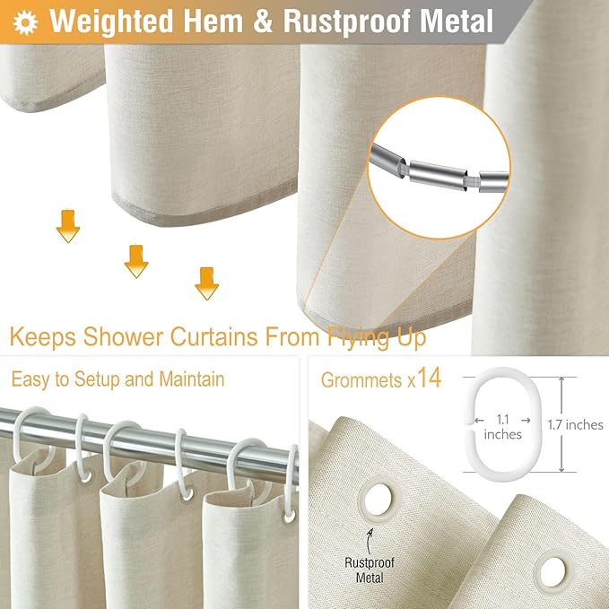 BTTN 84 Inch Wide Shower Curtain - W84xH72 Linen Textured Heavy Duty Fabric Shower Curtain Set with 14 Plastic Hooks, Large Hotel Simple Waterproof Polyester Bath Curtains for Bathroom - Light Cream
