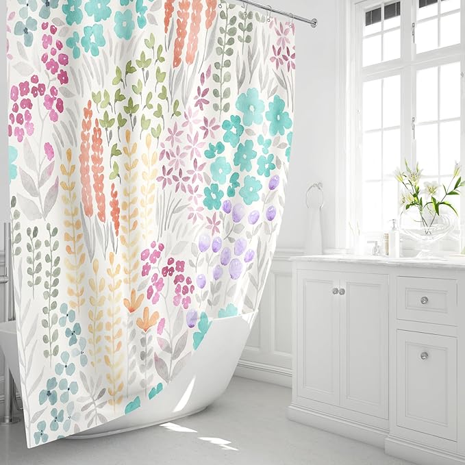 Extra Long Shower Curtain 72 x 96 Inch, Floor to Ceiling X-Long Tall Turquoise Cute Floral Shower Curtain for Bathroom, Teal Blue Wildflower Cottagecore Fabric Shower Curtain Set with Hooks