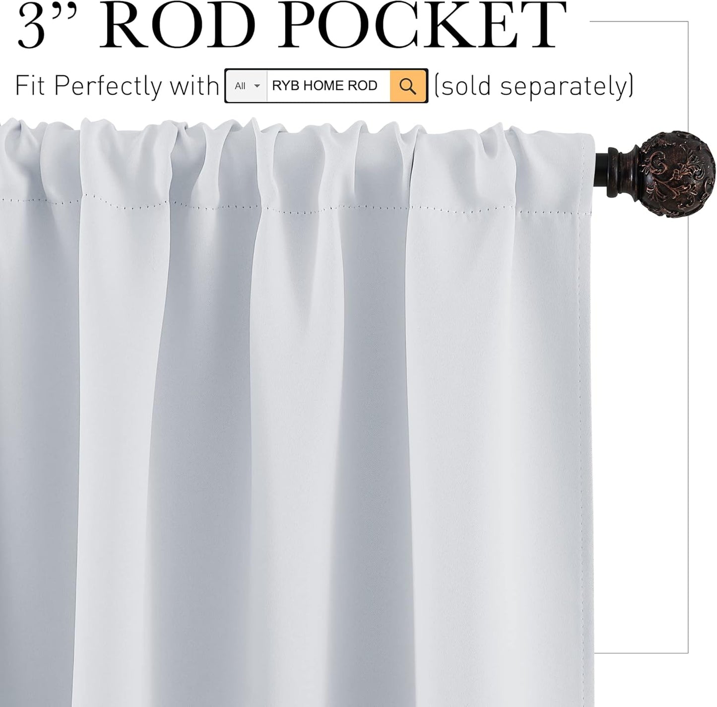 RYB HOME White Curtains for Bedroom - Room Darkening Thermal Insulated Window Draperies for Living Room Kitchen Home Office Bathroom Cafe, Wide 42 x Long 45, Greyish White, 1 Pair