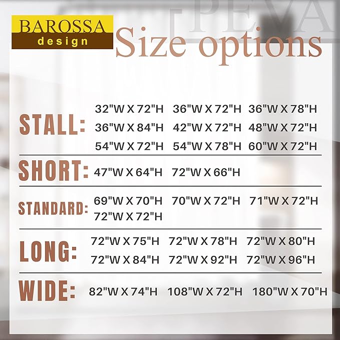 Barossa Design Shower Curtain or Liner with 3 Magnets for Shower Stall Size 42 inch Wide, PEVA, Waterproof, PVC Free, Metal Grommets, Clear, 42x72