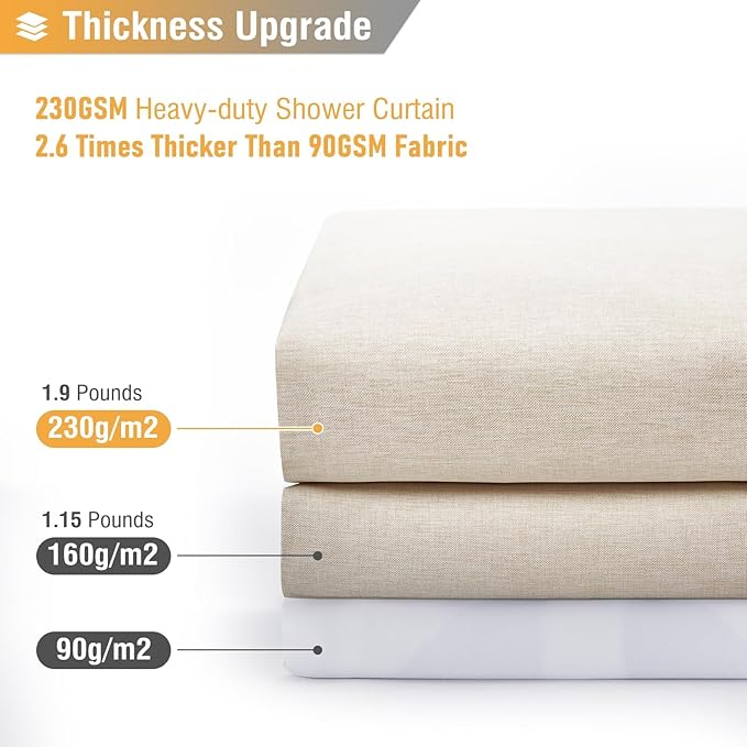 BTTN Extra Long Fabric Shower Curtain - 72 x 90 Inch Linen Textured Heavy Duty Cloth Shower Curtain Set with 12 Plastic Hooks, Large Hotel Luxury Polyester Shower Curtains for Bathroom, Beige/Cream