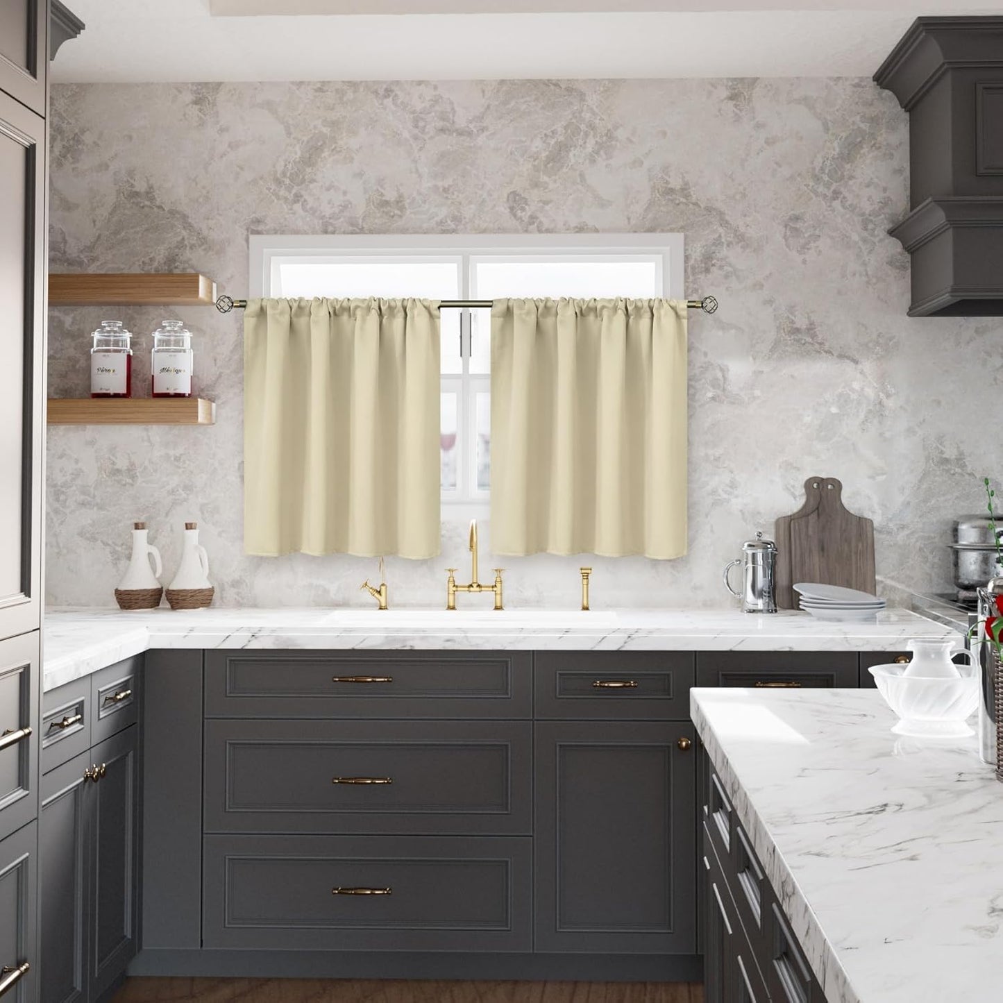 BGment Beige Blackout Curtains for Kitchen Cafe Window 34 x 40 Inch Long - Short Length Drapes with Rod Pocket Half Window Darkening Blinds for Bathroom Rv Bedroom, 2 Panels