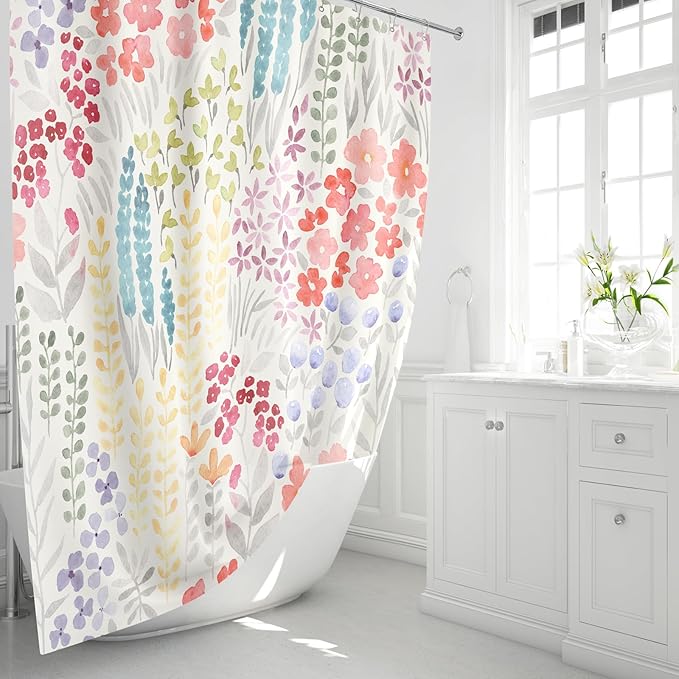 Extra Long Shower Curtain 72 x 96 Inch, Floor to Ceiling X-Long Tall Cute Floral Shower Curtain for Bathroom, Colorful Wildflower Boho Cottagecore Fabric Shower Curtain Set with Hooks, Ivory