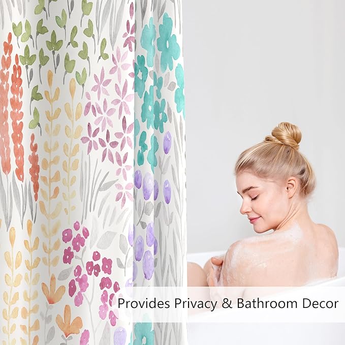 Extra Long Shower Curtain 72 x 84 Inch, Teal Blue Tall Cute Floral Shower Curtain for Bathroom, Turquoise Wildflower Boho Cottagecore Fabric Shower Curtain Set with Hooks