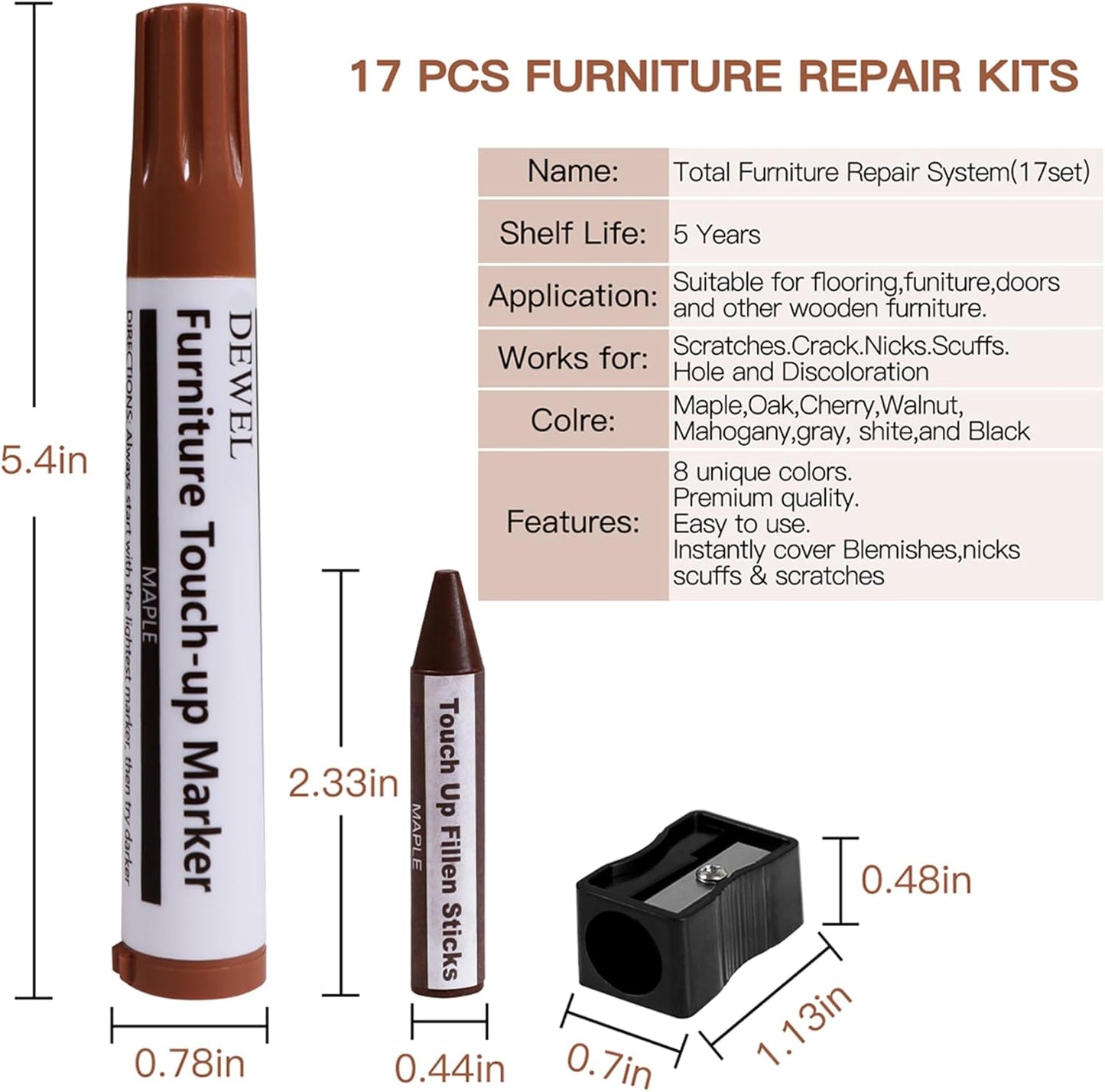 DEWEL Furniture Markers Touch Up, Upgrade Wooden Furniture Repair Kit, Premium Wood Scratch Repair Markers and Wax Sticks for Wood Stains Scratches Hardwood Floors Tables, Set of 17