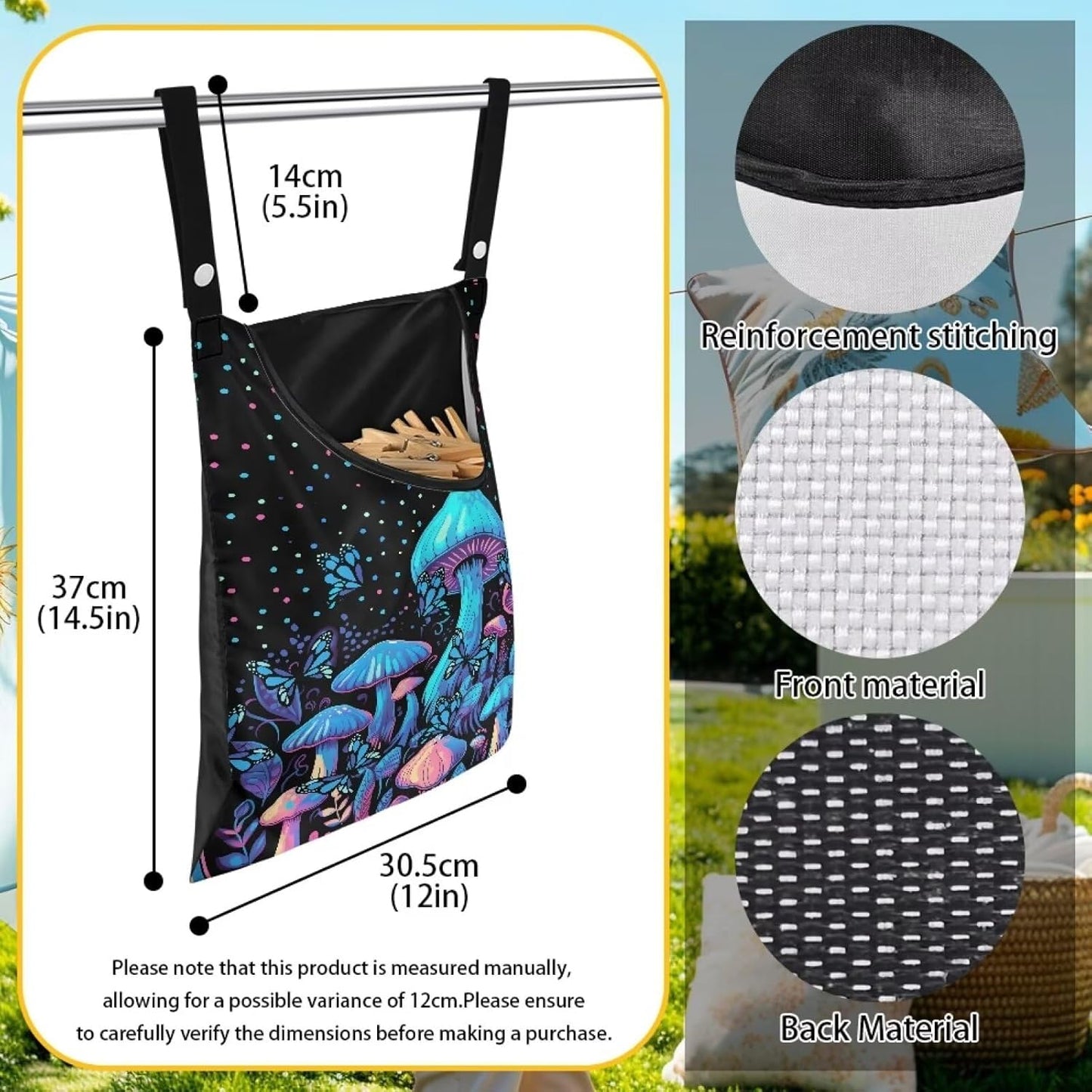 Blue Mushroom Adjustable Door-Hanging Laundry Clothespin Bag Clothespin Storage Bag Laundry Clothespin Bag, Hanging Storage Organizers with Hanging Rope for Home Outdoor
