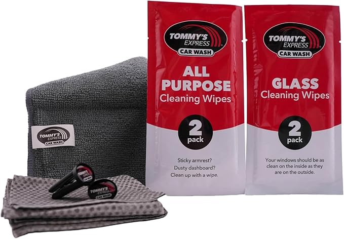 Tommy's Express Interior Detail Kit - Microfiber Cloth, 2X Shop Towels, 2X All-Purpose Wipes, 2X Glass Streak-Free Wipes and 2X Signature Tommy's Clean Car Scent Vent Air Fresheners (9 Piece Set) (5)