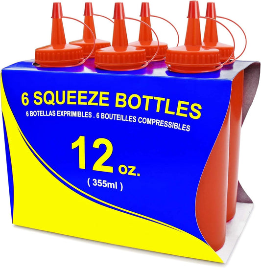 New Star Foodservice 26313 Squeeze Bottles, Plastic, 12 oz, Red, Pack of 6
