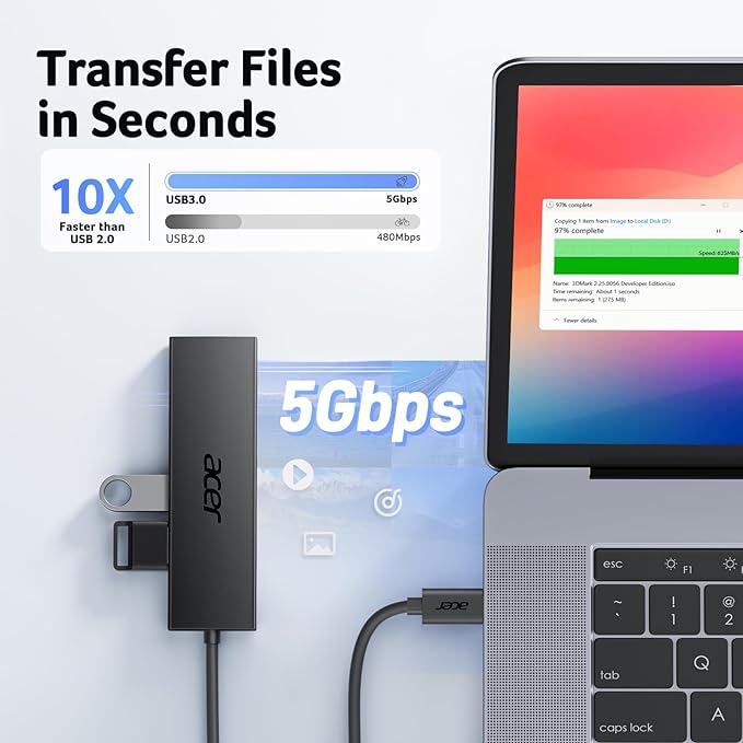Acer USB C Hub 4 Ports, Multiple USB 3.0 Hub, USBC Splitter for Laptop with TypeC Power Port, Extender for Type C Port Laptop, PC, Desktop and More (USB-C, 0.7ft)