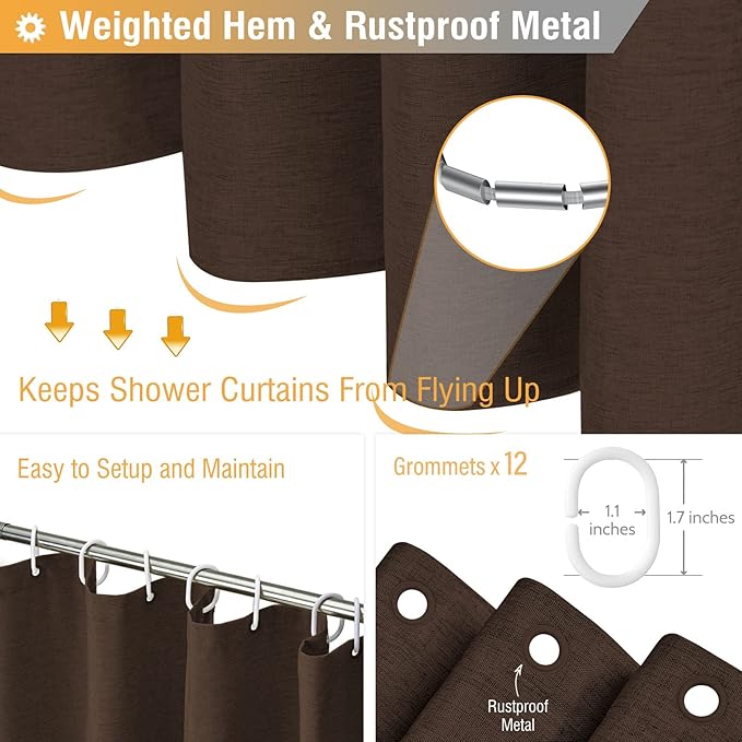 BTTN Fabric Shower Curtain, Linen Textured Heavy Duty Polyester Cloth Shower Curtain Set with Plastic Hooks, Brown, 72x84