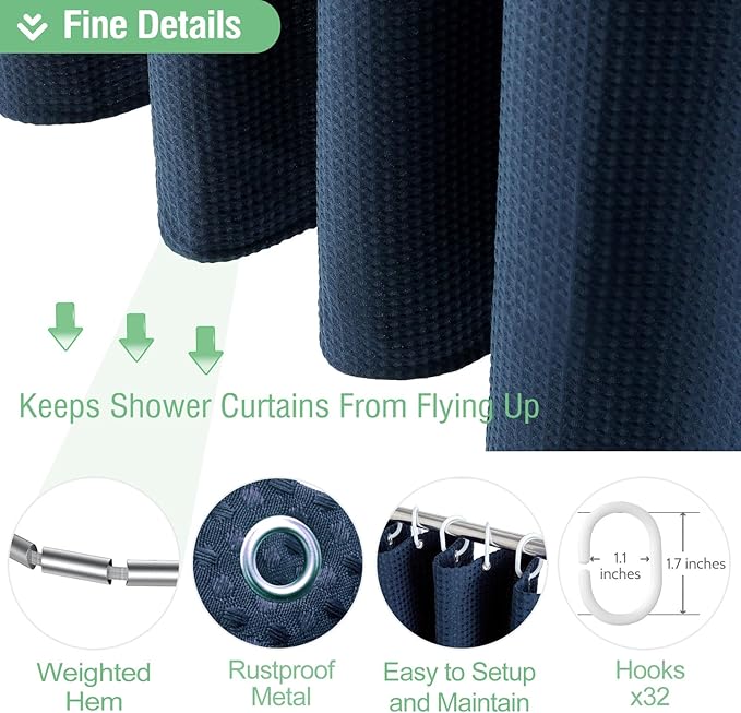 Dynamene Extra Wide Shower Curtain - 180 Inch Wide Waffle Weighted Thick Cloth Bathroom Shower Curtain, Neutral Heavy Duty Hotel Shower Curtain Set with 32 Plastic Hooks,180x72, Navy Blue