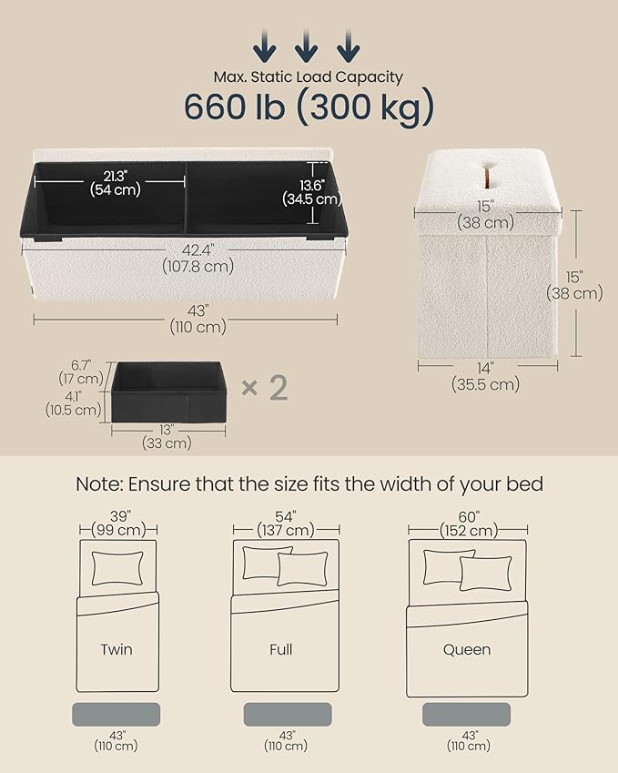 SONGMICS Storage Ottoman Bench, Storage Chest, 15 x 43 x 15 Inches, Foot Rest Stool, End of Bed Bench, Load up to 660 lb, for Living Room, Bedroom, Entryway, Cream White ULSF097W01