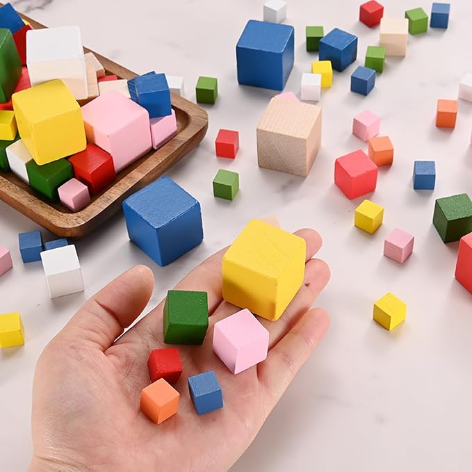50-Pack DIY Wooden Cube, 0.4 Inch(1 Cm) Colored Natural Wood Blocks for Crafts Making Puzzle Games/Wedding/Home Decor/Dice/Building, Square Blank Block [Blue]