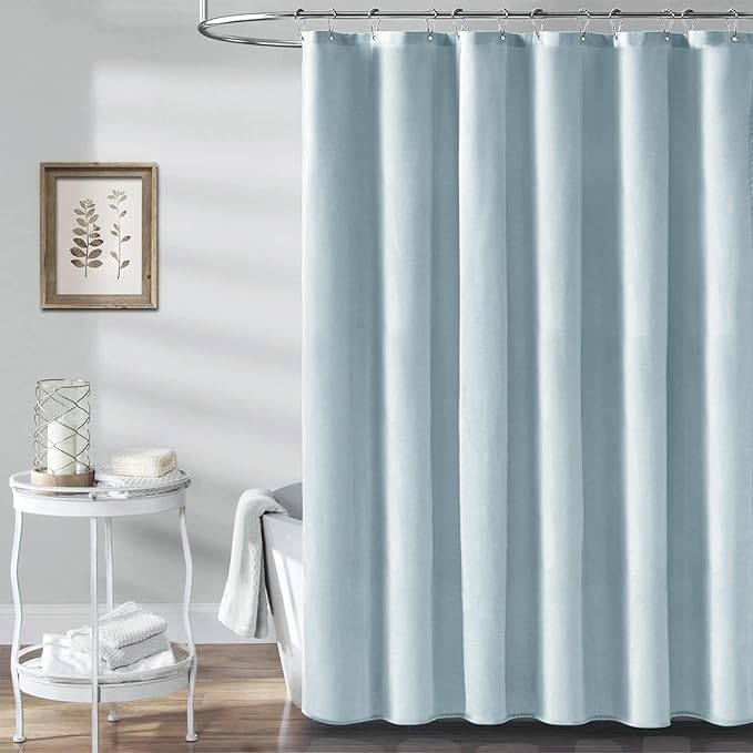 BTTN Stall Fabric Shower Curtain - 36x72 Inch Narrow Linen Textured Heavy Duty Shower Curtain Set with 6 Plastic Hooks, Half Neutral Minimalist Waterproof Modern Shower Curtains for Bathroom, Fog Blue