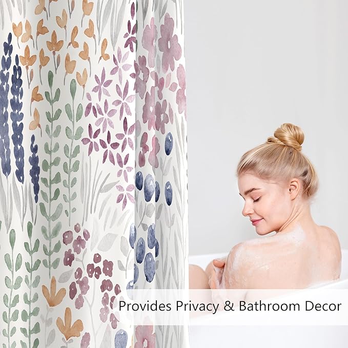 Cute Floral Shower Curtain 60x72, Mauve Boho Flower Fabric Shower Curtain, Funky Watercolor Wildflower Shower Curtain Set, Cottagecore Bohemian Bathroom Decor