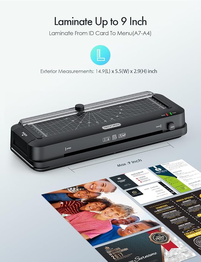 9-Inch Laminator Machine for Teachers & Home – All-in-One Jam-Free Laminator with Paper Trimmer, 2-Hole Punch, Corner Rounder, Fast 3-Min Warm-Up, 10 Pouches for School, Crafts & Office