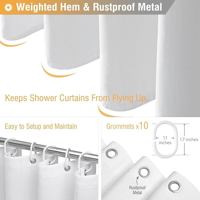 BTTN Fabric Shower Curtain, Linen Textured Heavy Duty Polyester Cloth Shower Curtain Set with Plastic Hooks, White, 54" W x 72" L (Pack of 1)