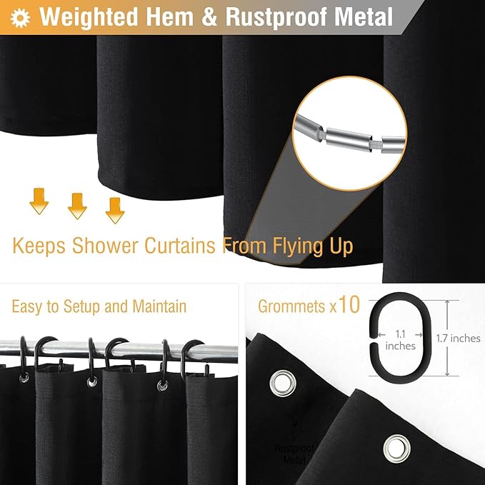 BTTN Stall Fabric Shower Curtain - 60x84 Inch Long Linen Textured Heavy Duty Shower Cloth Curtain Set with 10 Plastic Hooks, Narrow Decorative Neutral Waterproof Shower Curtains for Bathroom, Black