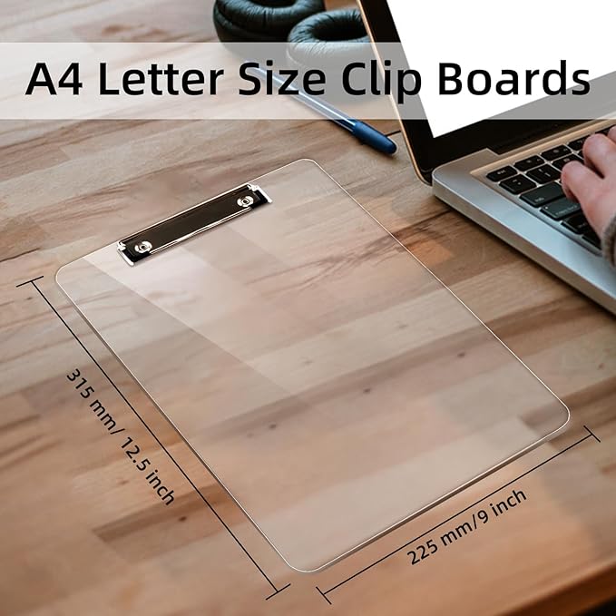 Plastic Clipboards, A4 Acrylic Clear Board 8.5x11 for Classroom, Students, Transparent Letter Size 9" x 12.5" with Low Profile Clip, Office & School Supply(Pack of 6)