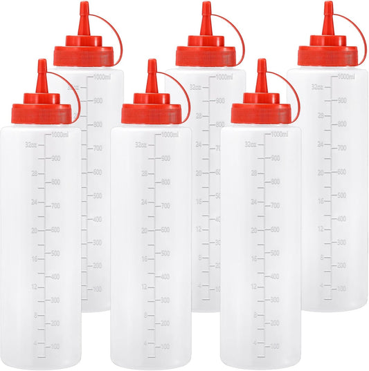 Condiment Squeeze Bottles Ketchup Dispenser, 6 Pack 32oz Squeeze Bottles for Liquids, Plastic Sauce Bottle with Cap Lid, Squirt Bottles for Sauces Liquids BBQ Dressing Pancake Art