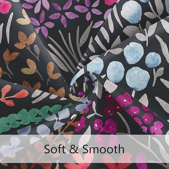 Extra Long Shower Curtain 72 x 84 Inch, Tall Cute Floral Shower Curtain for Bathroom, Black Hot Pink Wildflower Boho Cottagecore Fabric Shower Curtain Set with Hooks
