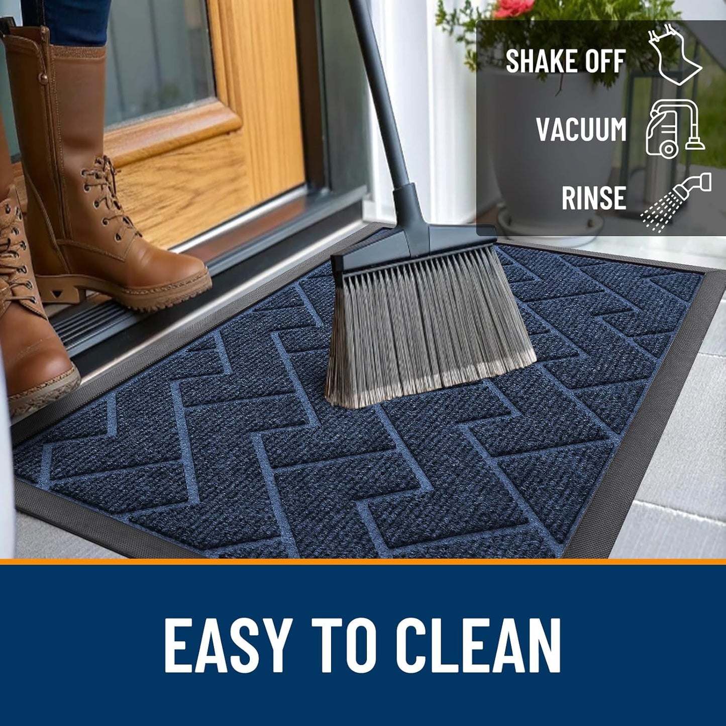 OLANLY Front Door Mat Indoor Outdoor Entrance, Waterproof All-Season, All-Weather Doormat, Sturdy Natural Rubber, Low Profile, Easy Clean Patio Porch Entryway Mat, Herringbone Brick (Blue, 59x23)