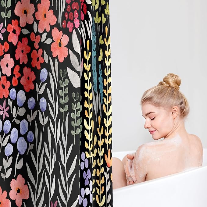 Small Stall Shower Curtain 36 x 72 Inch, Half Narrow Cute Floral Shower Curtain for Bathroom, Colorful Wildflower Boho Cottagecore Fabric Shower Curtain Set with Hooks, Black